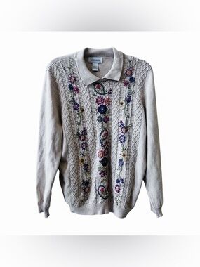 Alfred Dunner Embroidered Floral Collared Sweater Beige Size L Grandma Vintage